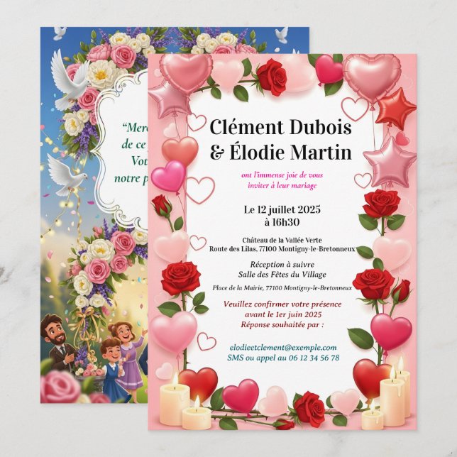 Invitation de Mariage Romantique aux Fleurs  (Devant / Derrière)