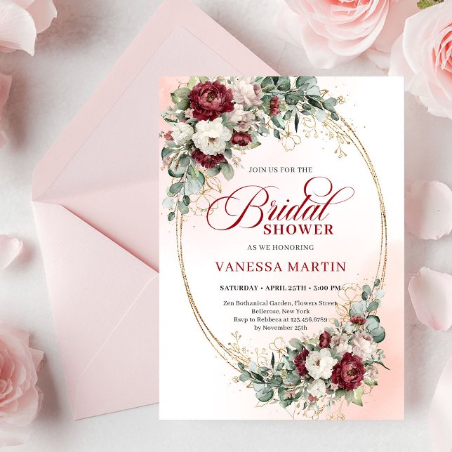 Invitation de mariage romantique en Bourgogne et o (Romantic Burgundy and Gold Bridal Shower Invitation)