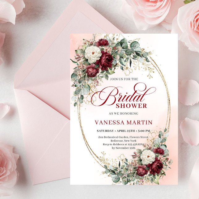 Invitation de mariage romantique Marsala Floral Go (Romantic Marsala Floral Gold Bridal Shower Invite

)