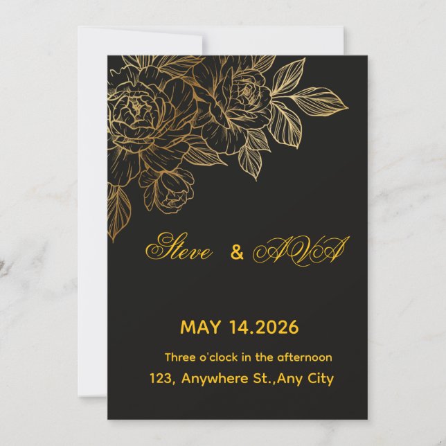 Invitation de mariage romantique noir et or | Élég (Devant)