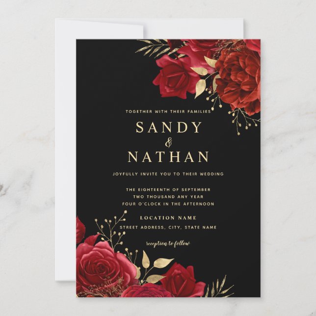 Invitation de mariage romantique rose rouge or (Devant)