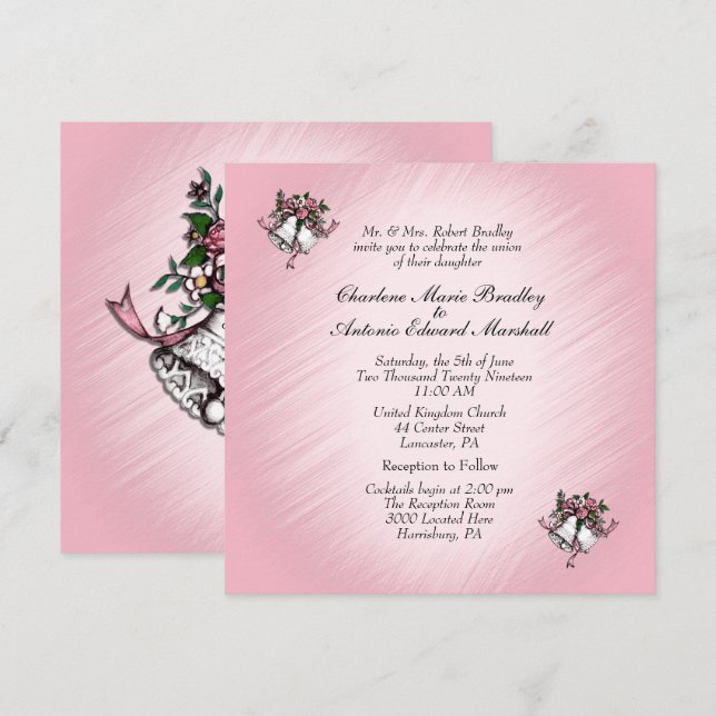 Invitation de Mariage rose Bells (Devant / Derrière)