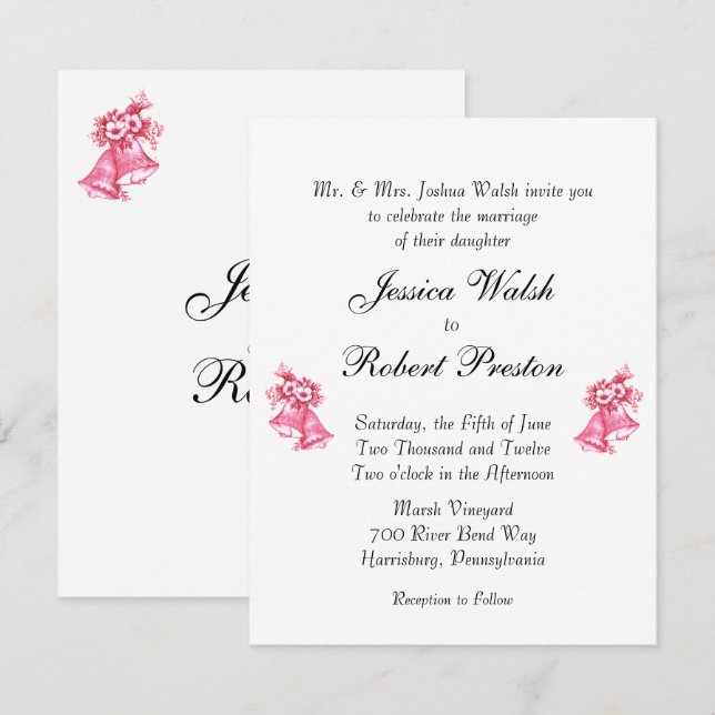 Invitation de Mariage rose Bells (Devant / Derrière)