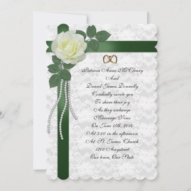 Invitation de mariage  rose blanche, rubans verts (Devant)