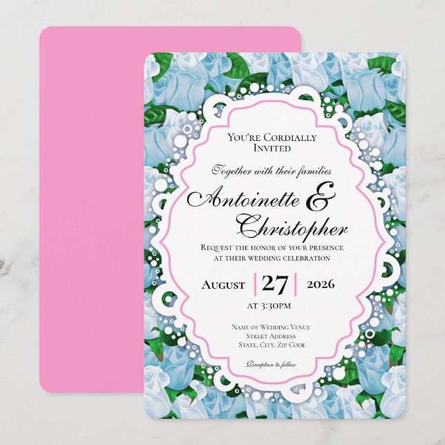 Invitation de mariage Rose Bleue et Blanche avec B (Devant / Derrière)