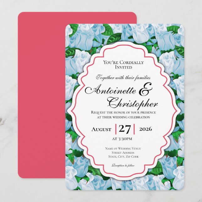 Invitation de mariage Rose Bleue et Blanche avec B (Devant / Derrière)