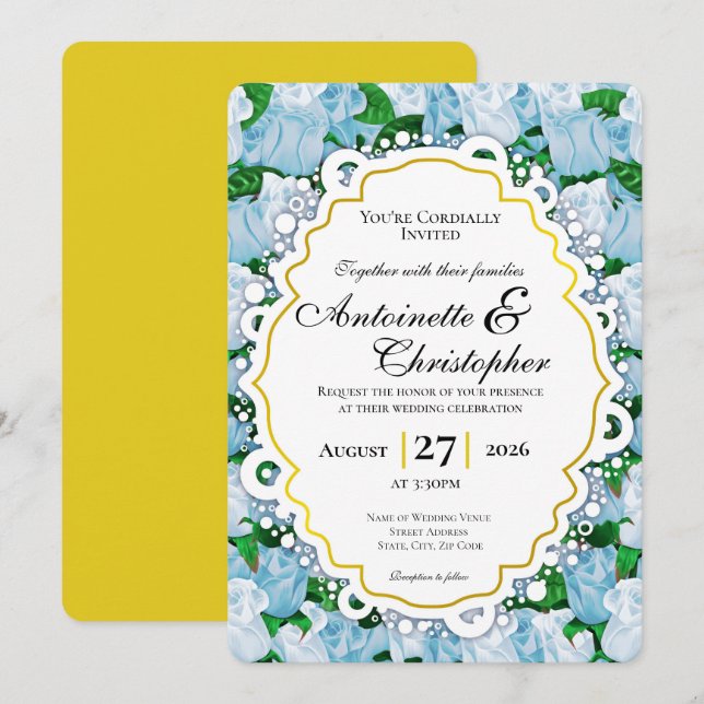 Invitation de mariage Rose Bleue et Blanche avec B (Devant / Derrière)