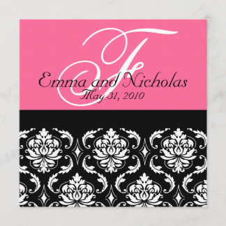 Invitation de mariage rose chaud Monogramme Damas