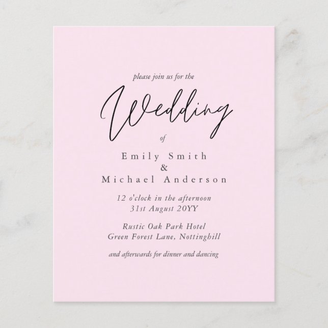 Invitation de mariage rose couleur tendance BUDGET (Devant)