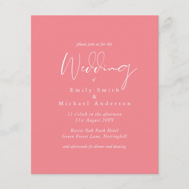 Invitation de mariage rose couleur tendance BUDGET (Devant)