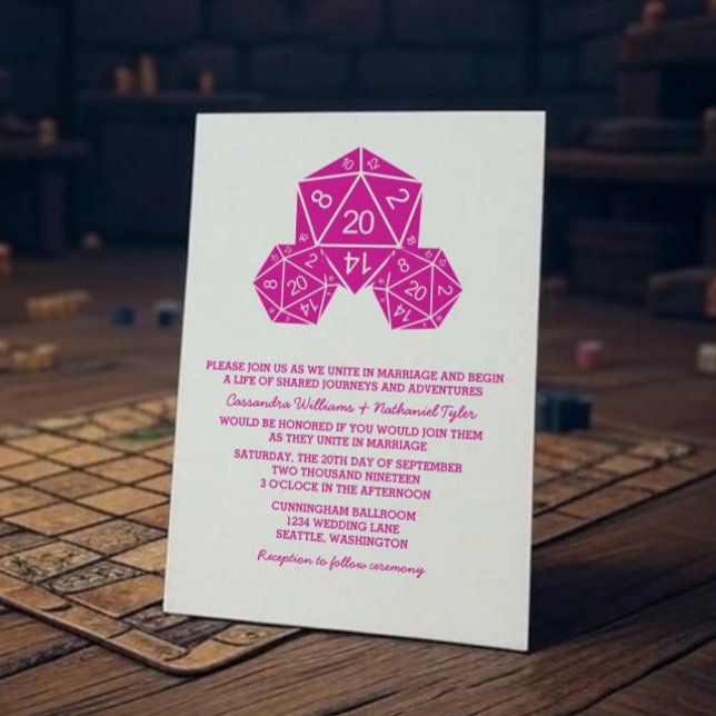 Invitation de mariage rose D20 dés (Pink D20 Dice Wedding Invite)