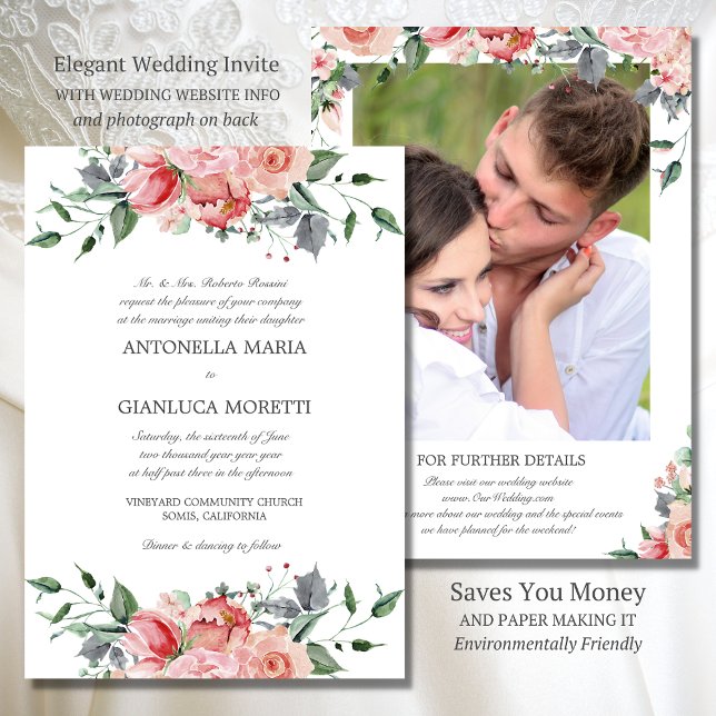 Invitation de mariage rose Elegant tout en un avec (Pink floral wedding invite with wedding website information and photo on back)