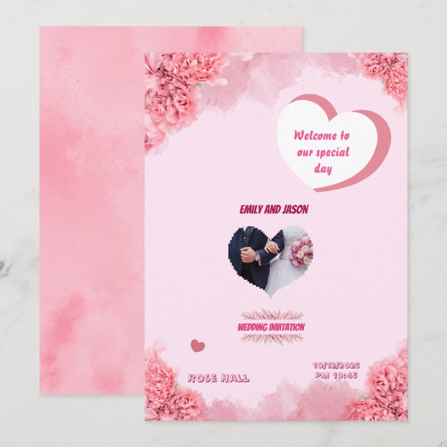 Invitation de mariage rose élégante (Devant / Derrière)