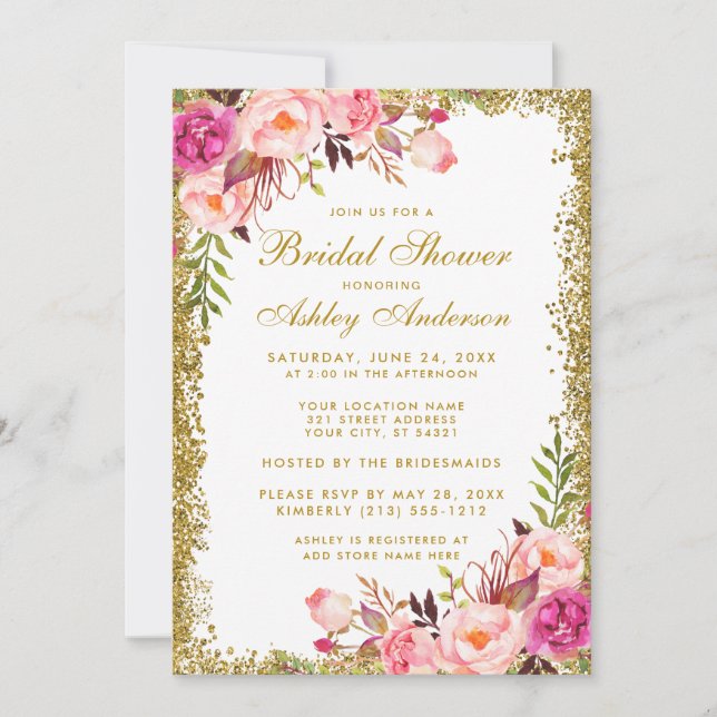 Invitation de mariage rose florale avec paillettes (Devant)