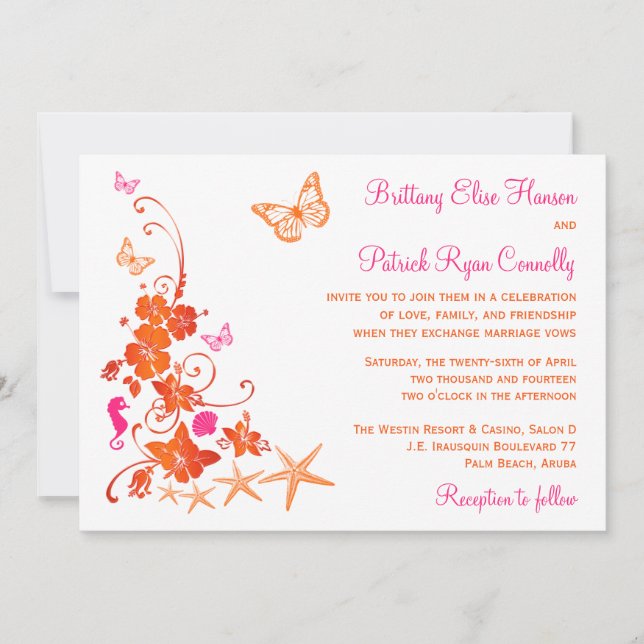 Invitation de mariage rose, orange, blanc tropical (Devant)