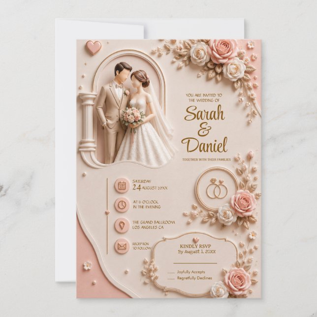 Invitation de mariage rose poudré élégante en 3D ( (Devant)