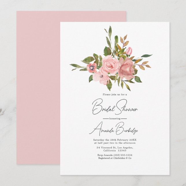 Invitation de mariage rose poudrée aquarelle flora (Devant / Derrière)
