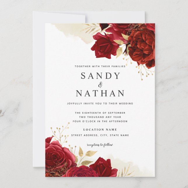 Invitation de mariage Rose Romantique Or Rouge (Devant)