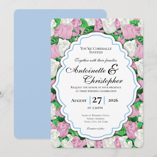 Invitation de mariage Rose rose et blanc avec bord (Devant / Derrière)