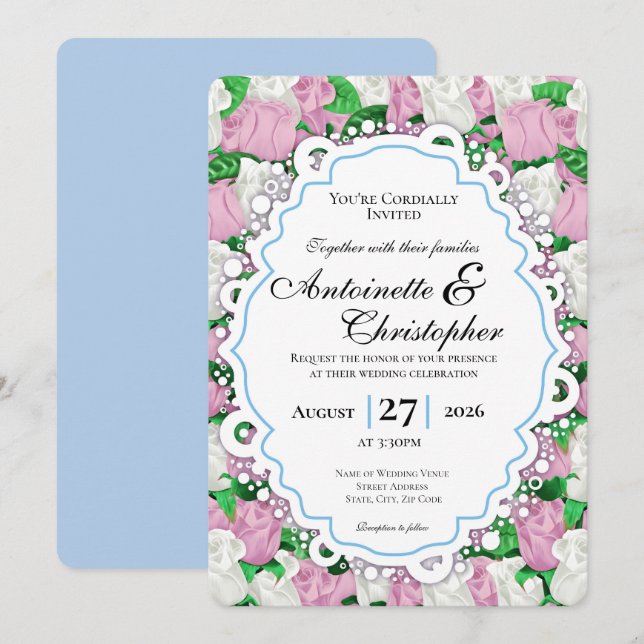 Invitation de mariage Rose rose et blanc avec bord (Devant / Derrière)