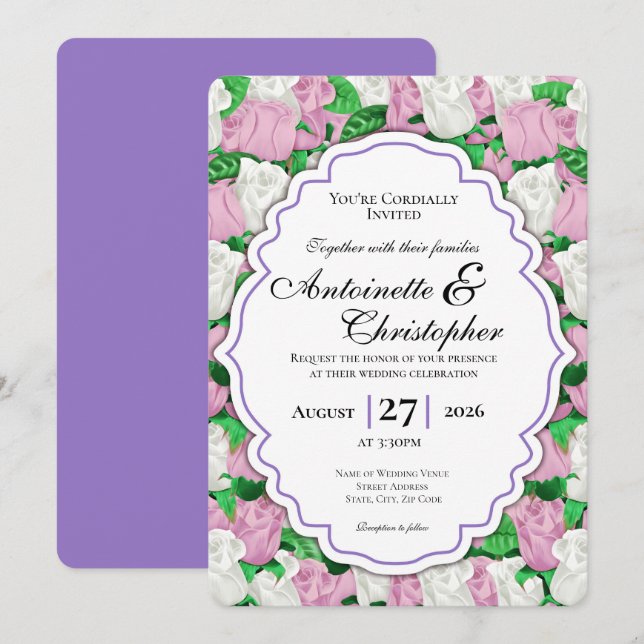 Invitation de mariage Rose rose et blanc - Bordure (Devant / Derrière)