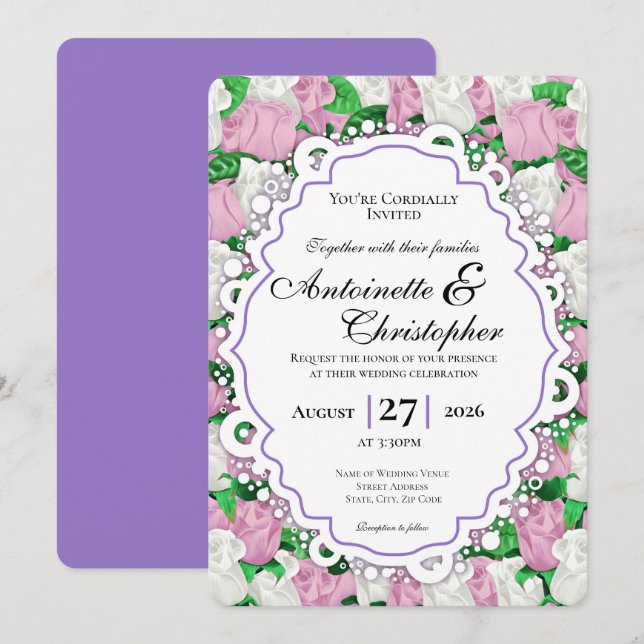 Invitation de mariage Rose rose et blanc - Bordure (Devant / Derrière)