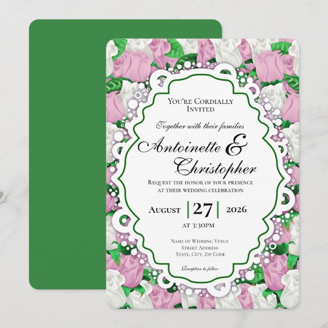 Invitation de mariage Rose rose et blanc - Bordure (Devant / Derrière)
