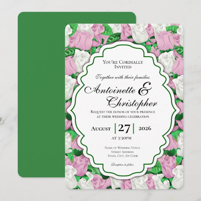 Invitation de mariage Rose Rose et Blanche - Bordu (Devant / Derrière)