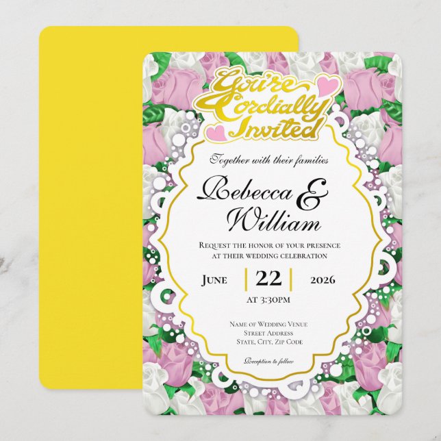 Invitation de mariage Rose rose et blanche - Lettr (Devant / Derrière)
