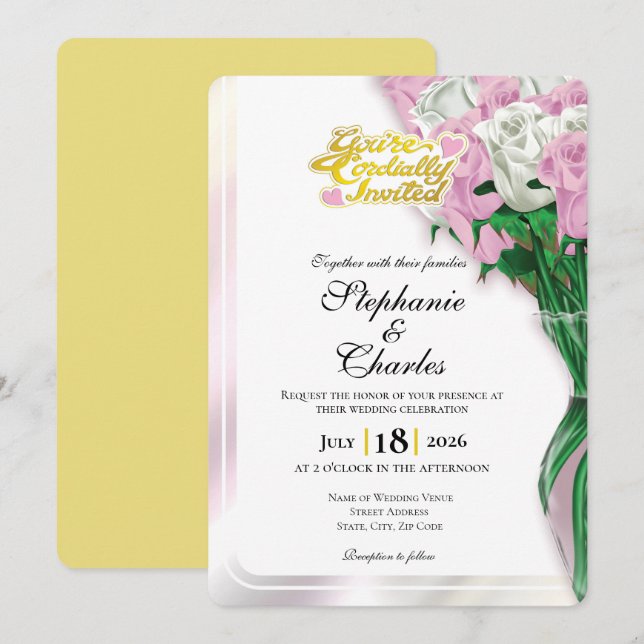 Invitation de mariage Rose Rose - Lettres dorées 1 (Devant / Derrière)
