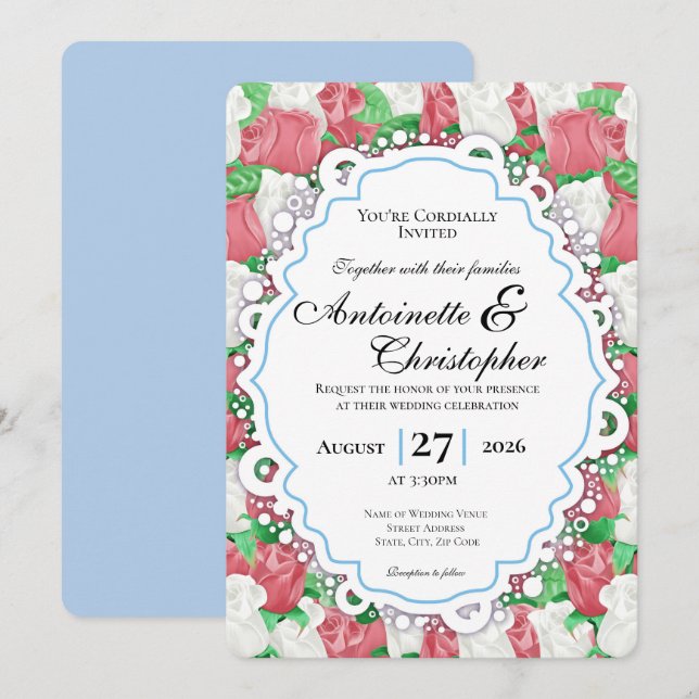 Invitation de mariage Rose Rouge & Blanche avec Bo (Devant / Derrière)