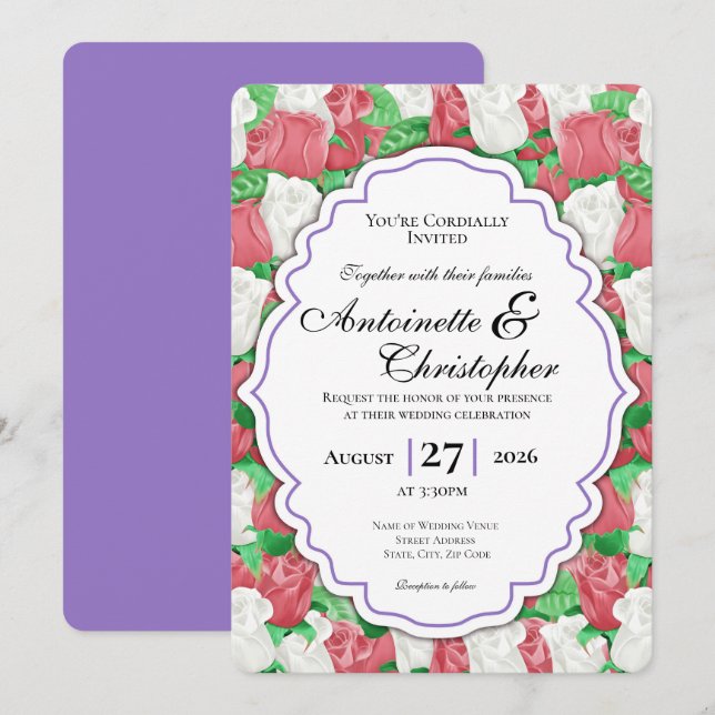 Invitation de mariage Rose Rouge & Blanche - Bordu (Devant / Derrière)