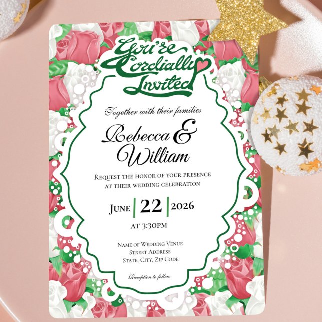 Invitation de mariage Rose Rouge & Blanche - Lettr (Red and White rose background with decorative border wedding invite design with green heading)