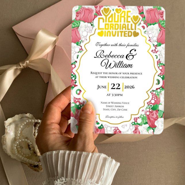 Invitation de mariage Rose Rouge & Blanche - Lettr (Red and White rose background with decorative border wedding invite design with gold heading)