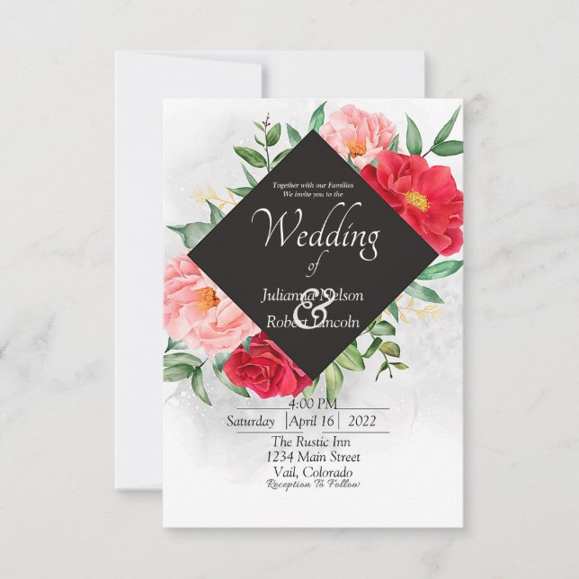 Invitation de mariage rose rouge et noir (Devant)