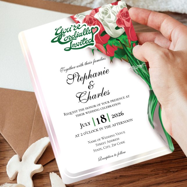 Invitation de mariage Rose Rouge - Lettrage Vert 2 (Red and White roses in vase wedding invite design with green heading)