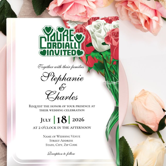 Invitation de mariage Rose Rouge - Lettrage Vert 3 (Red and White roses in vase wedding invite design with green heading)