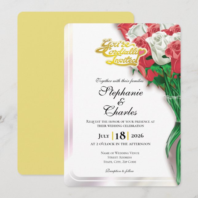 Invitation de mariage Rose Rouge - Lettre dorée 1 (Devant / Derrière)