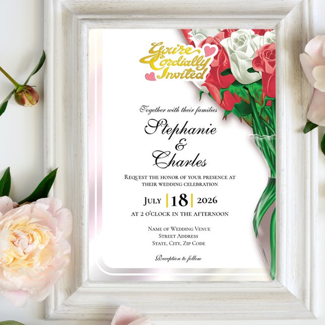 Invitation de mariage Rose Rouge - Lettres Dorées  (Créateur téléchargé)