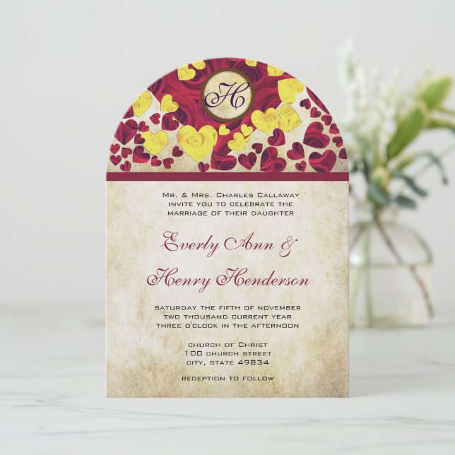 Invitation de mariage Roses d'or à coeur jaune et  (Debout devant)
