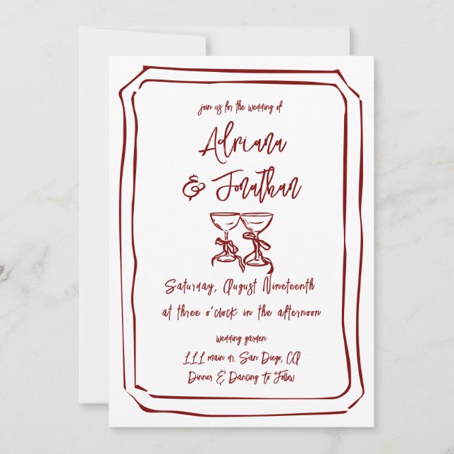 Invitation de mariage rouge bordeaux dessinée à la (Devant)