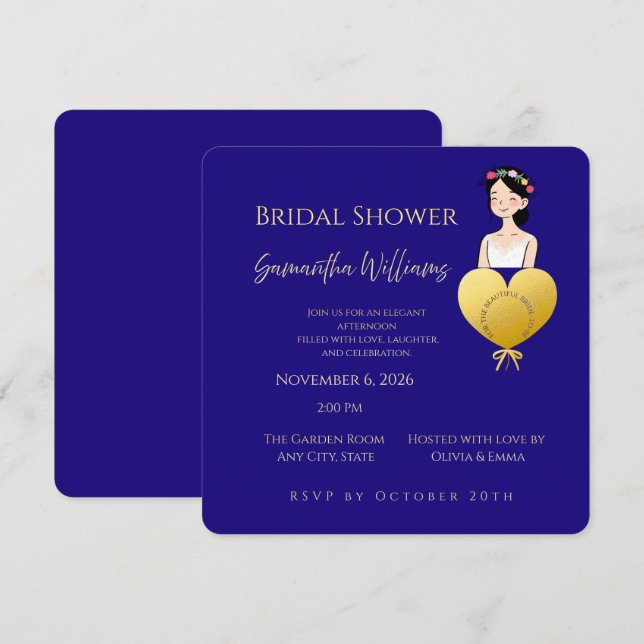 Invitation de mariage Royal Blue – Élégant doré (Devant / Derrière)