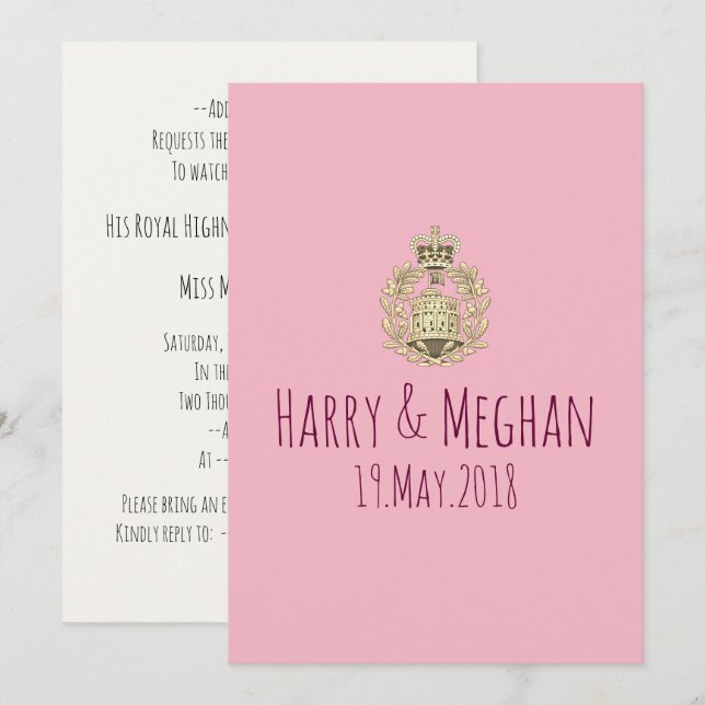 Invitation de mariage royal de Harry et Meghan (Devant / Derrière)