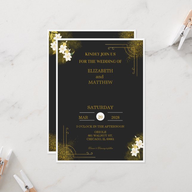 Invitation de mariage royal en noir et or (Devant/Arrière en situation)