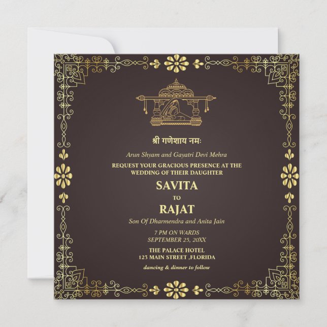 Invitation de mariage royal indien de luxe  (Devant)
