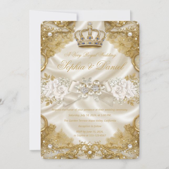 Invitation de mariage Royal Luxe Or Couronne Éléga (Devant)