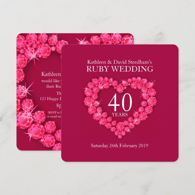 Invitation de mariage rubis coeur 40 ans fête roug (Devant / Derrière)