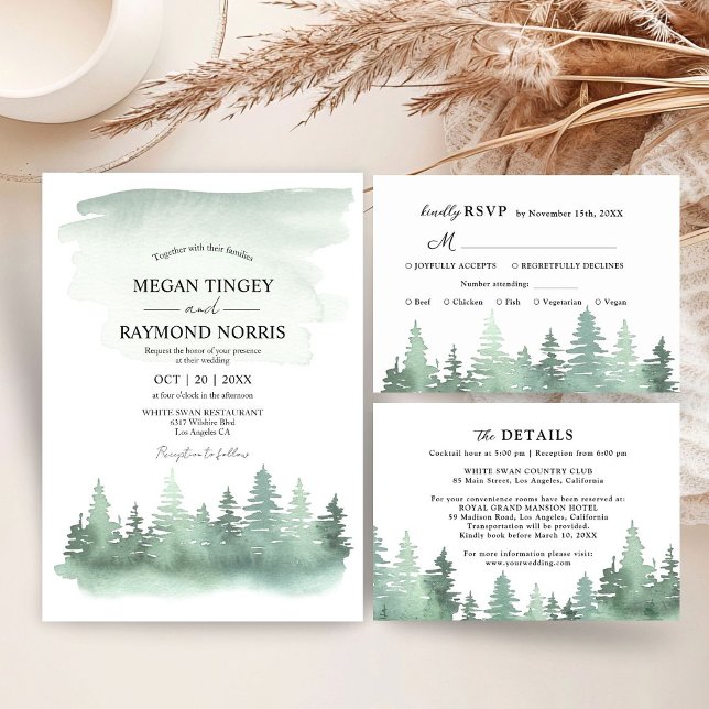 Invitation de mariage rustique aquarelle arbre pin (Créateur téléchargé)