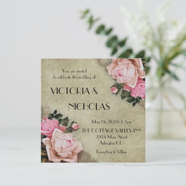 Invitation de mariage rustique aux roses  (Debout devant)