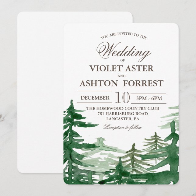 Invitation de mariage rustique avec sapin (Devant / Derrière)